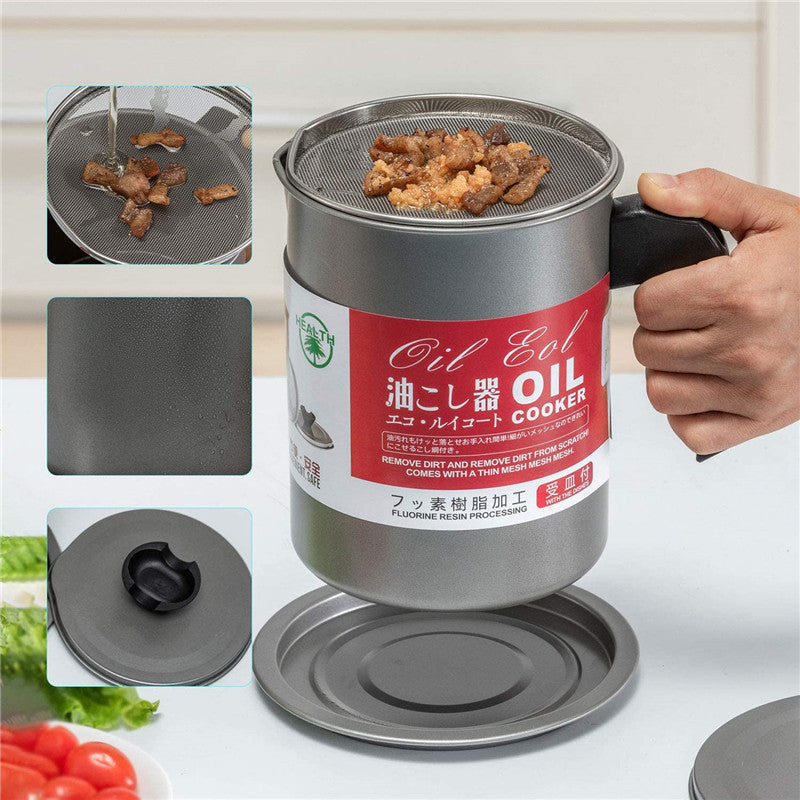 Stainless Steel Oil Filter Pot with Strainer & Lid Reusable Cooking Oil Storage Container