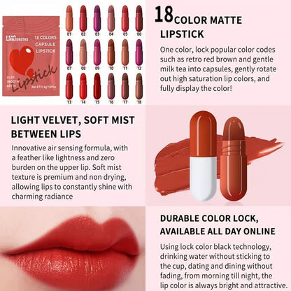 LMG BROTHS 18-Color Capsule Lipstick Set – Silky Smooth Matte Finish Mini Lipstick pods