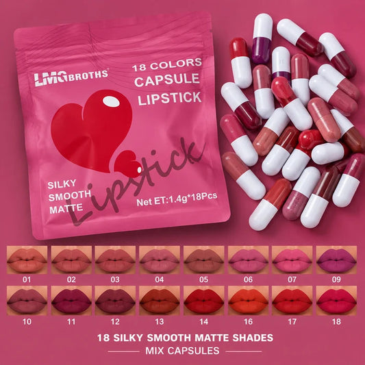 LMG BROTHS 18-Color Capsule Lipstick Set – Silky Smooth Matte Finish Mini Lipstick pods