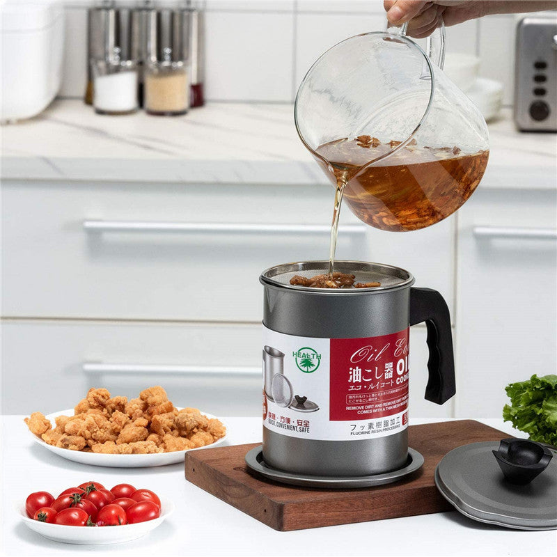 Stainless Steel Oil Filter Pot with Strainer & Lid Reusable Cooking Oil Storage Container