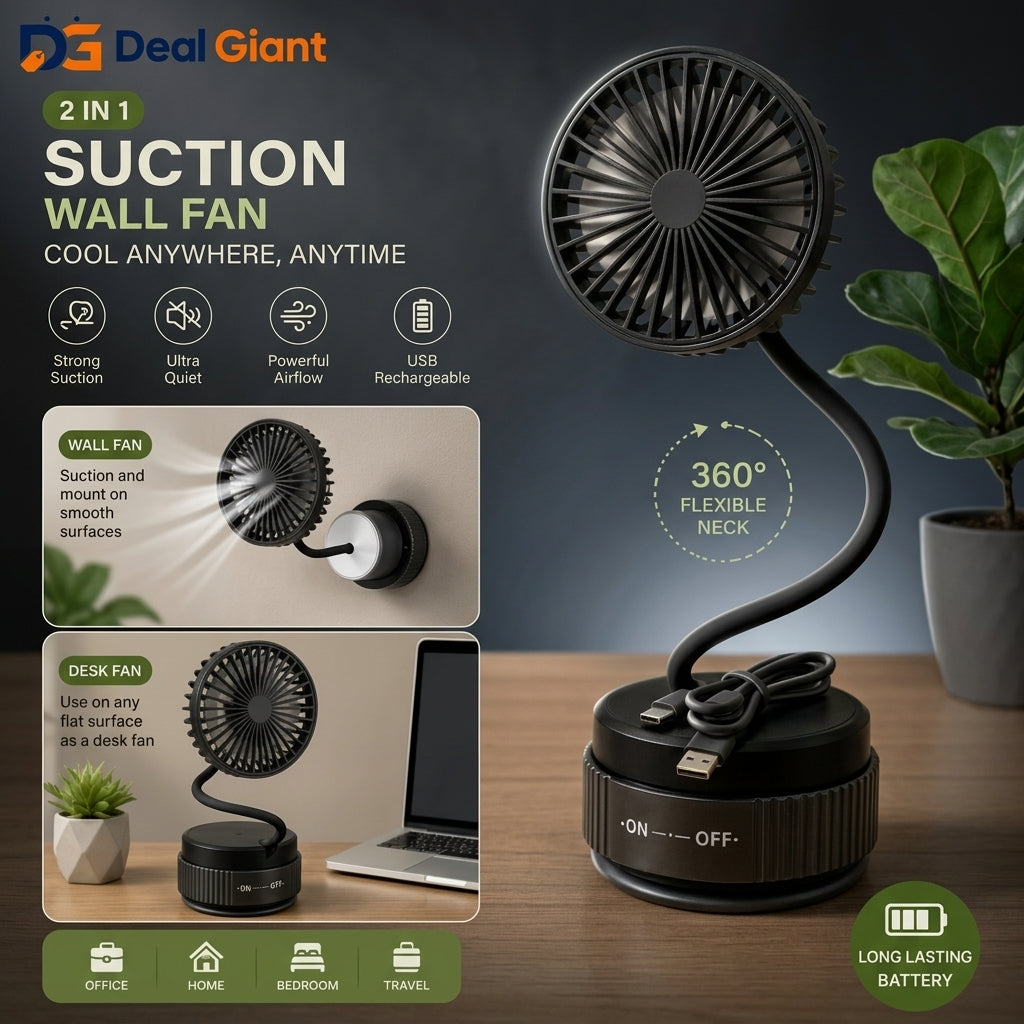 Rechargeable Suction Mini Fan Portable USB Desk Fan | Strong Wind Silent Clip-On Vacuum Fan for Car, Office & Home | Compact Cooling Fan – Deal Giant
