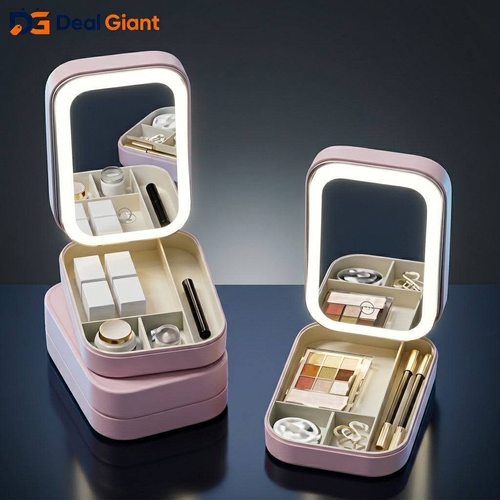 Makeup Box with LED Light Mirror Organizer | Portable Cosmetic Storage Case with Adjustable Brightness LED Vanity Mirror | Travel Makeup Storage Box – Deal Giant