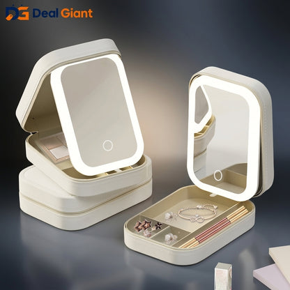 Makeup Box with LED Light Mirror Organizer | Portable Cosmetic Storage Case with Adjustable Brightness LED Vanity Mirror | Travel Makeup Storage Box – Deal Giant