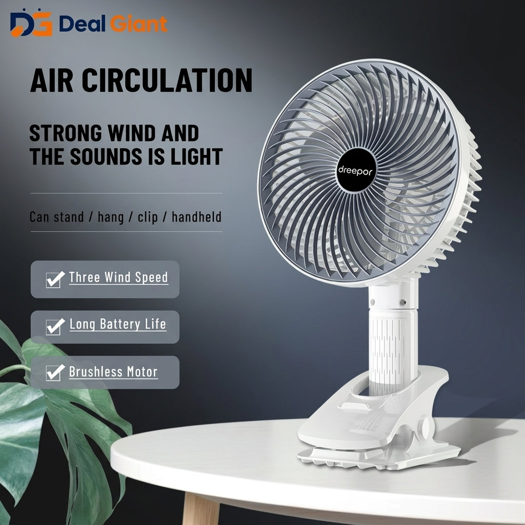 Multifunction Desktop Clip Fan Portable USB Rechargeable Mini Fan | Strong Wind Silent Table Clip Cooling Fan for Office, Home, Bed & Travel | Deal Giant