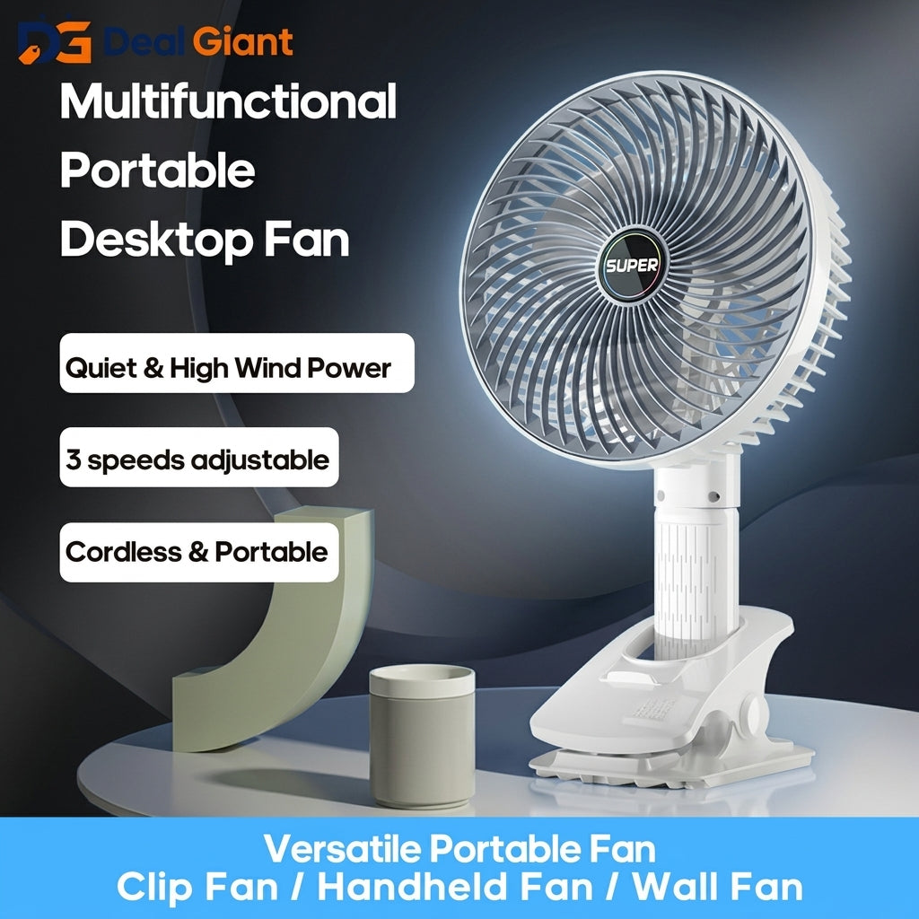 Multifunction Desktop Clip Fan Portable USB Rechargeable Mini Fan | Strong Wind Silent Table Clip Cooling Fan for Office, Home, Bed & Travel | Deal Giant