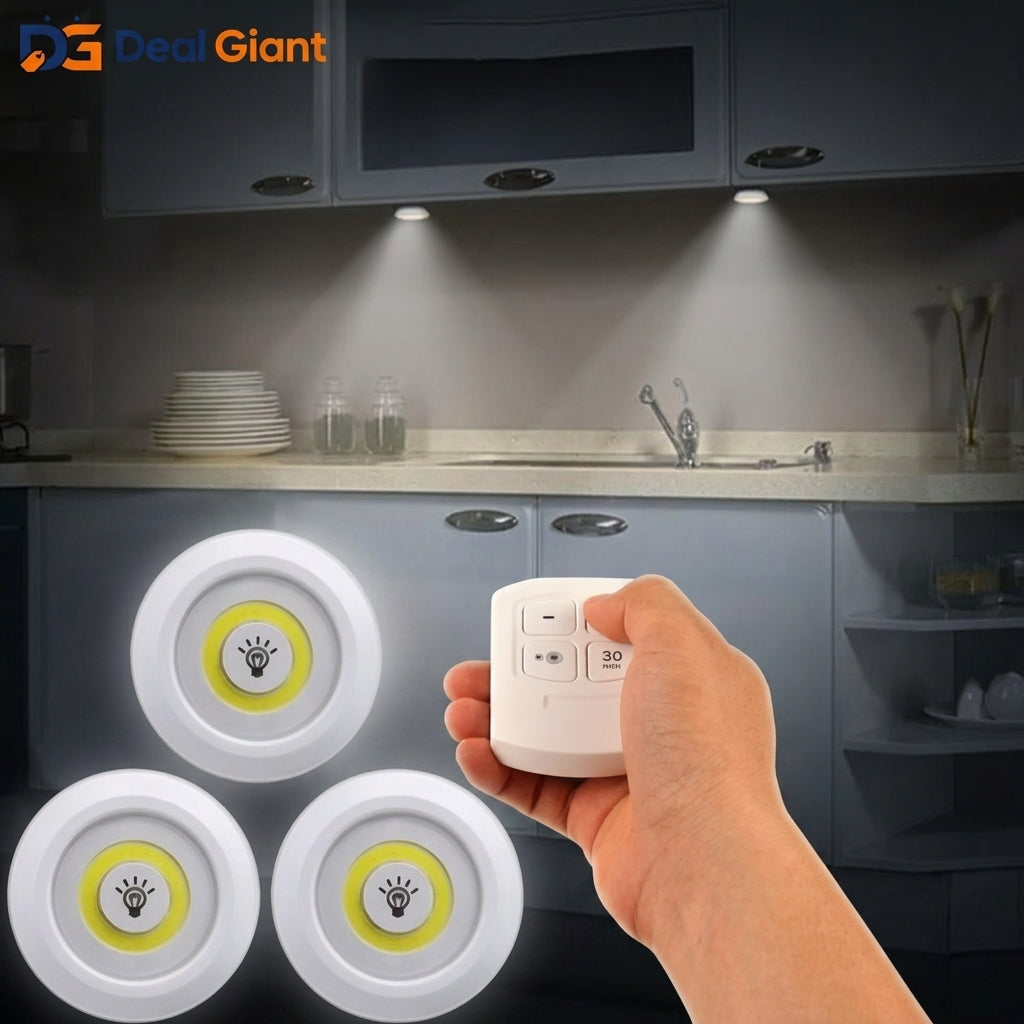 3-Piece LED Cabinet Light Set – Wireless, Dimmable & Remote-Controlled Convenience