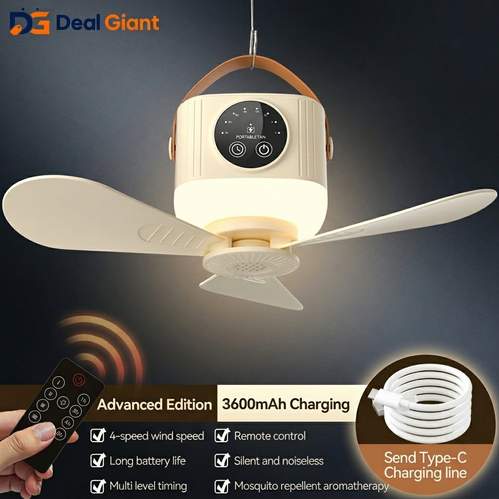 D01 Outdoor Portable Ceiling Fan Remote Control | 3-Speed Hanging Camping Fan with LED Light & 3600mAh Rechargeable Battery | Travel & Tent Ceiling Fan – Deal Giant