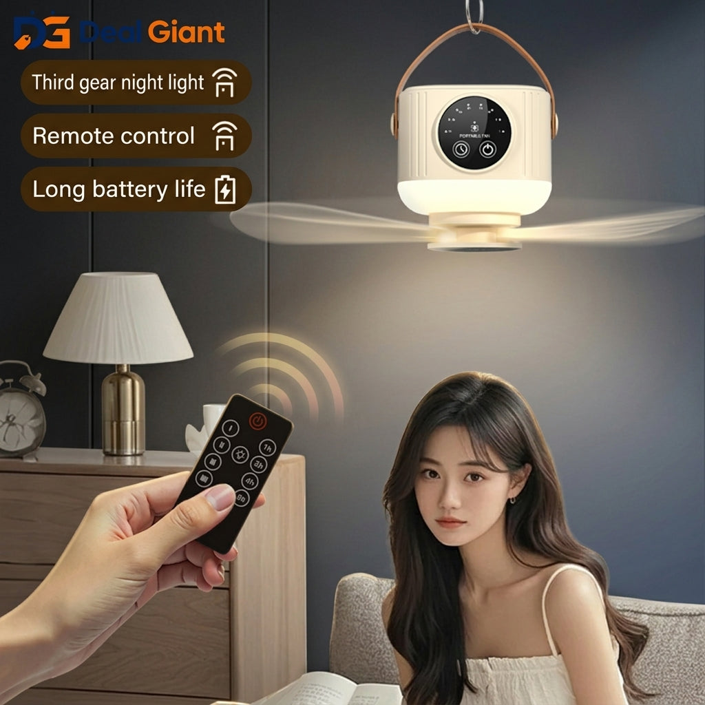 D01 Outdoor Portable Ceiling Fan Remote Control | 3-Speed Hanging Camping Fan with LED Light & 3600mAh Rechargeable Battery | Travel & Tent Ceiling Fan – Deal Giant