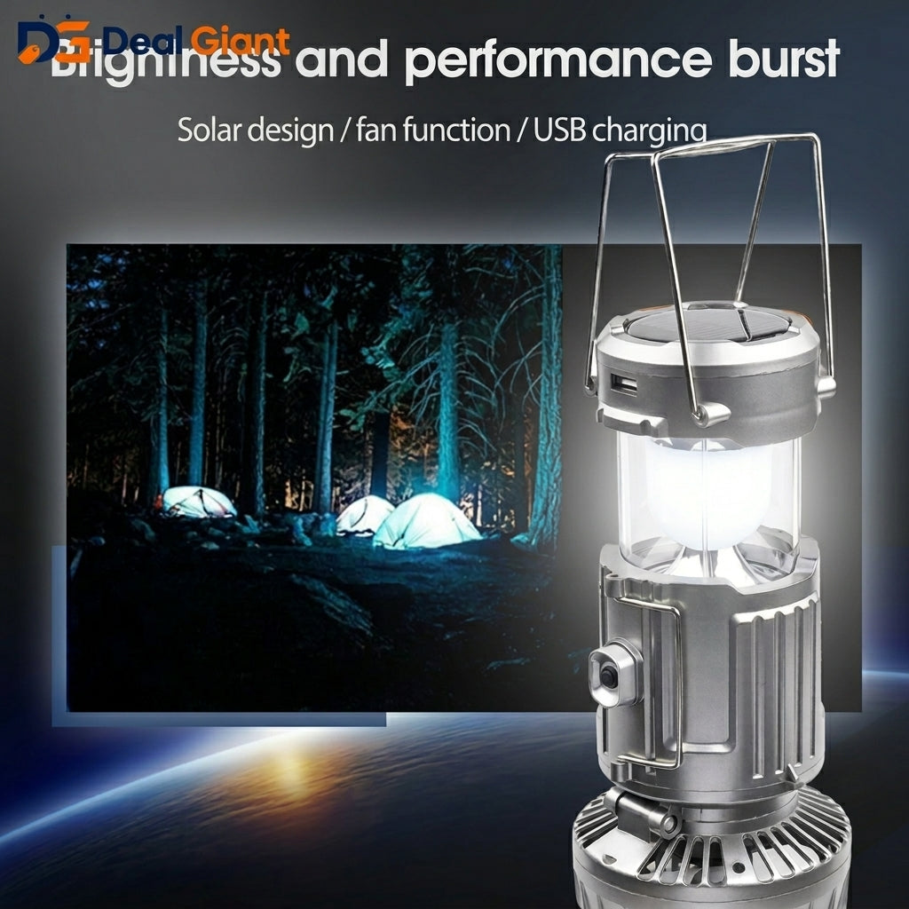 Multifunctional Camping Fan Light Solar Powered Portable Hanging Tent Fan | Foldable Rechargeable LED Lantern Fan for Outdoor Camping, Travel & Emergency Use – Deal Giant