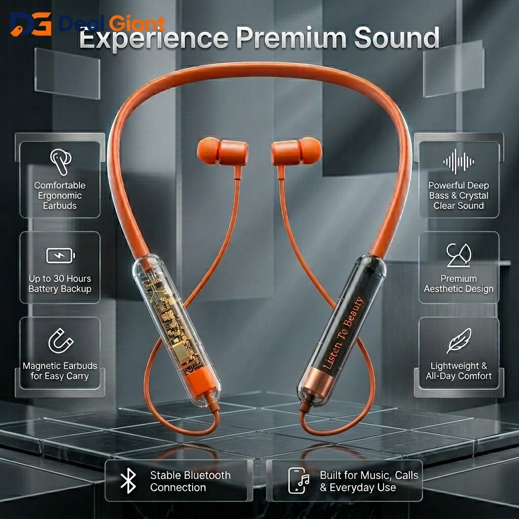 Wireless Neckband Sport Earphone RS01 | Bluetooth Neckband | Transparent Design | 30 Hours Battery Backup | Magnetic Earbuds | HD Bass | Deal Giant