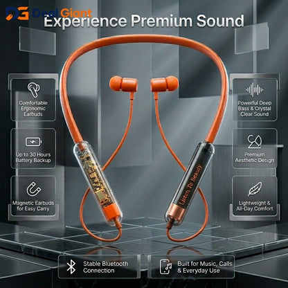 Wireless Neckband Sport Earphone RS01 | Bluetooth Neckband | Transparent Design | 30 Hours Battery Backup | Magnetic Earbuds | HD Bass | Deal Giant