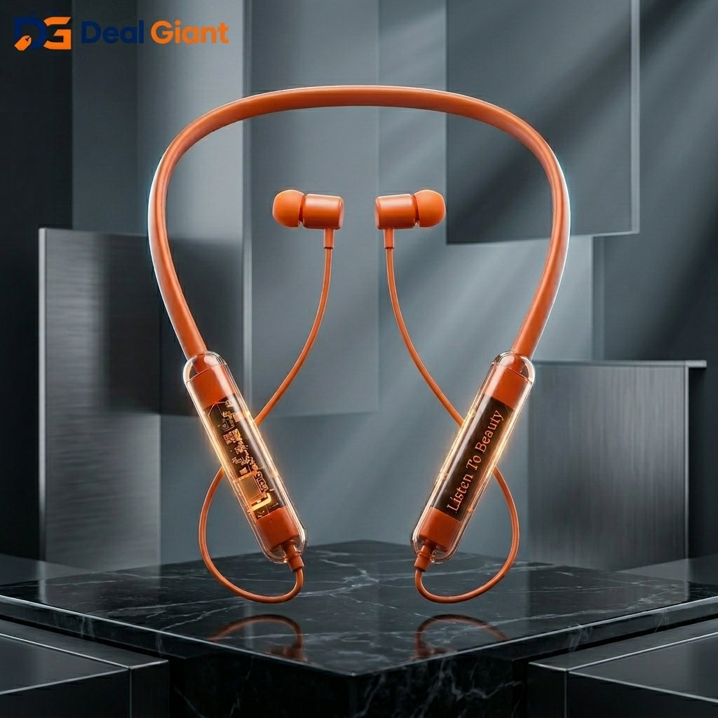 Wireless Neckband Sport Earphone RS01 | Bluetooth Neckband | Transparent Design | 30 Hours Battery Backup | Magnetic Earbuds | HD Bass | Deal Giant