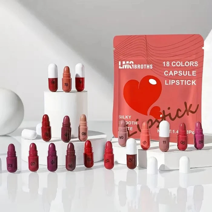 LMG BROTHS 18-Color Capsule Lipstick Set – Silky Smooth Matte Finish Mini Lipstick pods