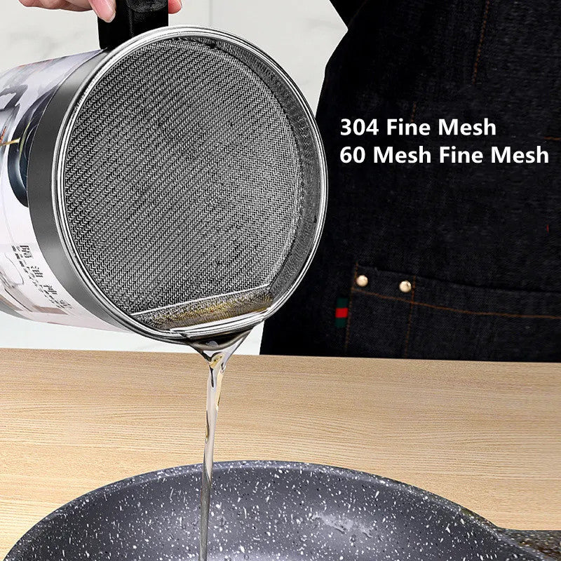 Stainless Steel Oil Filter Pot with Strainer & Lid Reusable Cooking Oil Storage Container