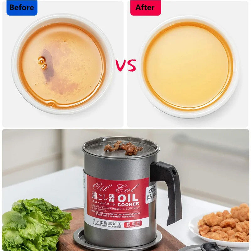 Stainless Steel Oil Filter Pot with Strainer & Lid Reusable Cooking Oil Storage Container