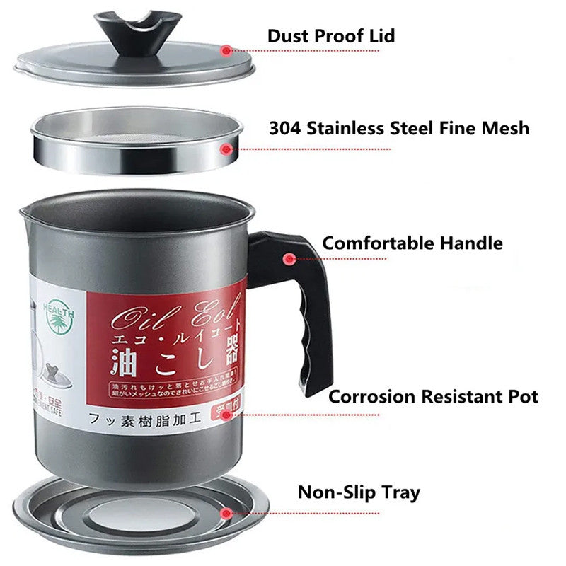 Stainless Steel Oil Filter Pot with Strainer & Lid Reusable Cooking Oil Storage Container